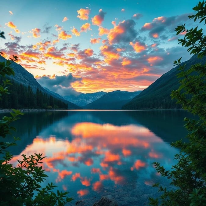 This breathtaking landscape image captures the tranquil beauty of a mountain lake at sunset. The calm waters reflect the vibrant hues of the sky, creating a stunning visual effect. The image exudes peace and serenity, inviting the viewer to immerse themselves in the natural wonder.