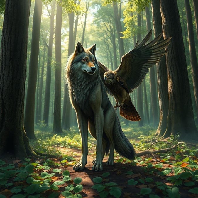 A heartwarming scene of an animated wolf and bird companionship, walking through a serene woodland.