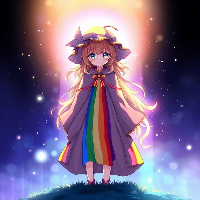 A captivating anime girl stands ethereally above the ground, her rainbow robe and hat radiating a vibrant aura that complements her radiant hair. Her gaze, directed at the viewer, invites a sense of wonder and enchantment.