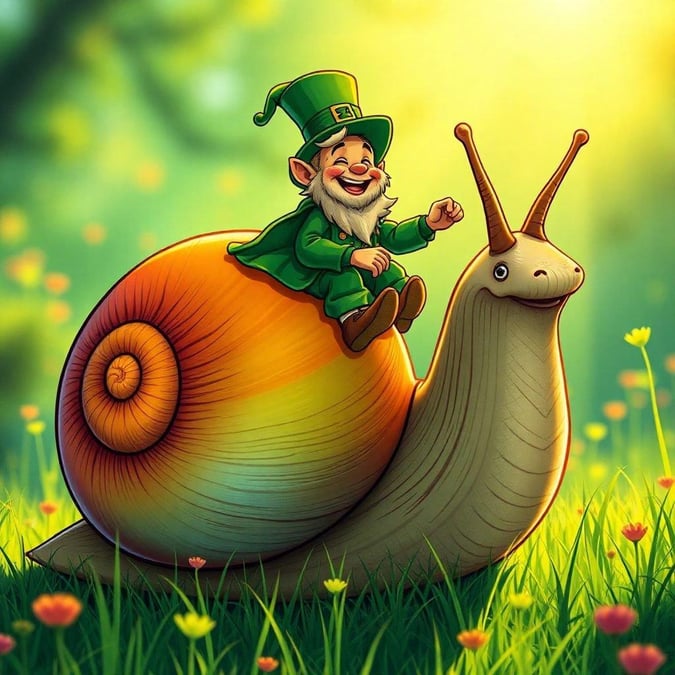 This image is a playful and whimsical representation of a leprechaun riding on the back of a snail, perfect for adding a touch of Irish charm to your desktop or mobile wallpaper.