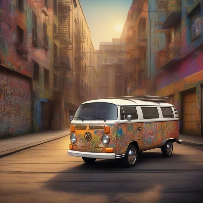 Embark on an adventure with this classic Volkswagen van, ready to hit the open road. The brightly painted exterior is a nod to its hippie origins, making it a perfect travel buddy for anyone who loves freedom and exploration.