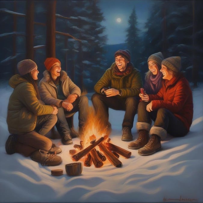 A group of friends share laughter and joy around a bonfire on the eve of the new year.