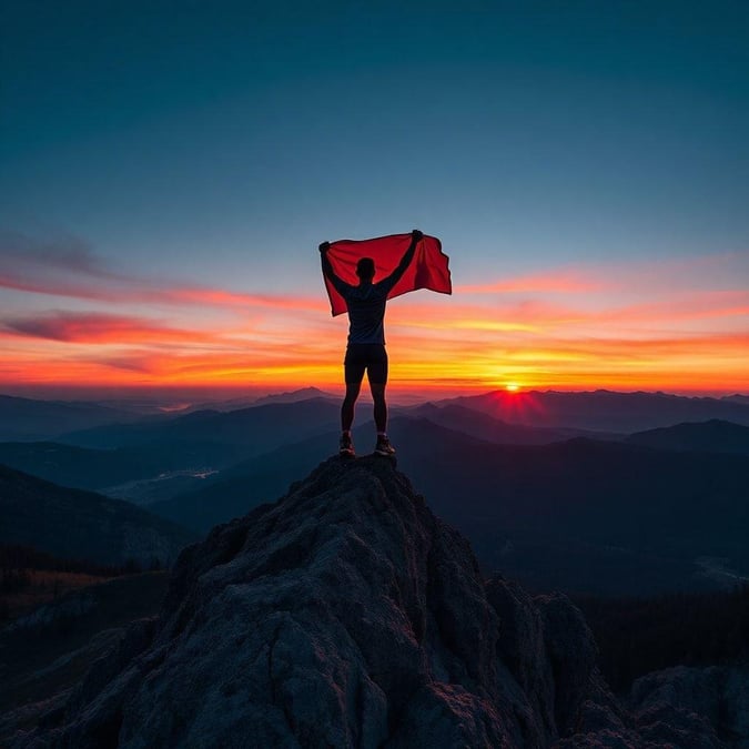 A triumphant athlete stands atop a mountain, proudly holding up a red flag, symbolizing victory and achievement.