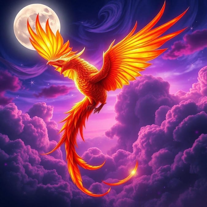 An artistic depiction of a fiery phoenix soaring into the starlit sky, evoking the mystique and freedom of nighttime travels.