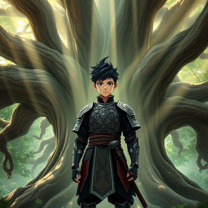 This anime-style illustration features a young boy standing in front of a majestic tree, exuding a sense of adventure and fantasy. The boy's confident expression and dynamic pose convey a sense of determination and courage, while the tree's sprawling branches and gnarled trunk add a touch of mystique and wonder to the scene. The overall effect is one of enchantment and possibility, inviting the viewer to step into the world of fantasy and adventure.