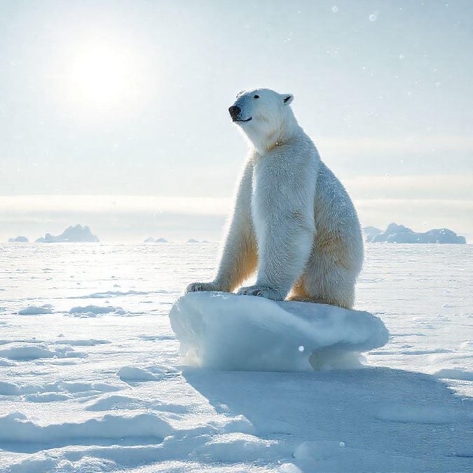 This stunning wallpaper features a majestic polar bear sitting on a block of ice in the Arctic, surrounded by the vast expanse of snow and ice.