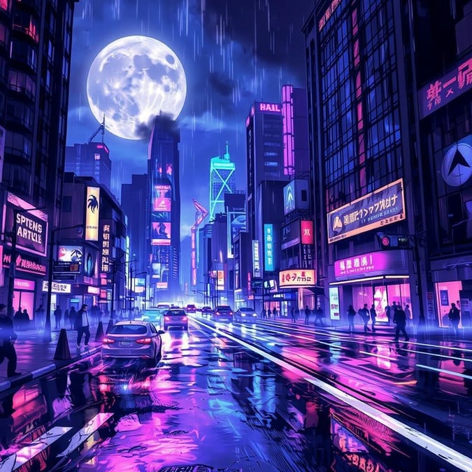 A stunning anime-inspired wallpaper featuring a futuristic cityscape under the rain, with neon lights and a large moon in the sky.