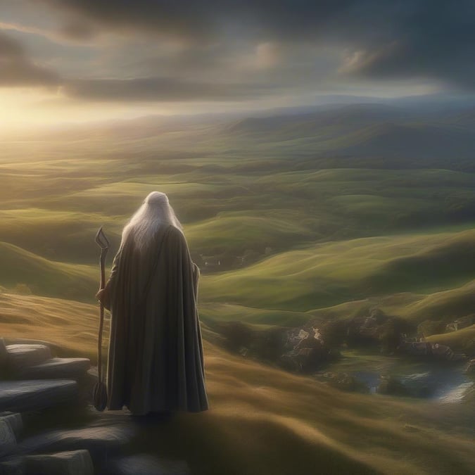 A magical landscape overlooking a mystical valley, featuring the iconic wizard in contemplation.