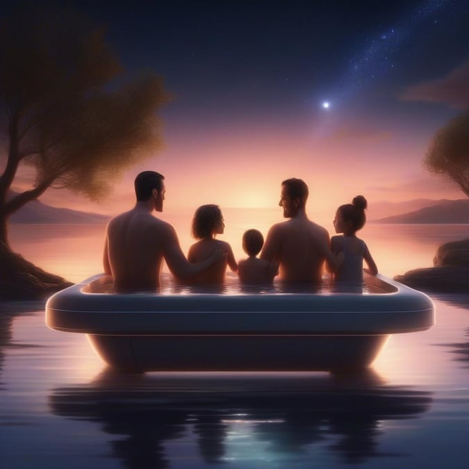 A heartwarming scene of a father and his three children enjoying some quality time together by the water during sunset. This image captures the essence of Father's Day, where families come together to create cherished memories.