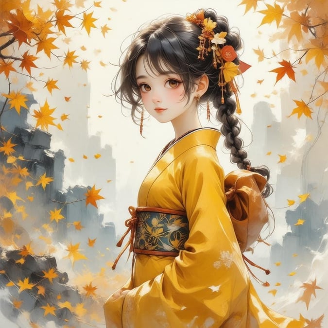 Tauchen Sie ein in die bezaubernde Welt des Anime mit diesem fesselnden Wallpaper, das ein junges Mädchen in einem atemberaubenden gelben Kimono inmitten der lebhaften Herbsttöne zeigt.