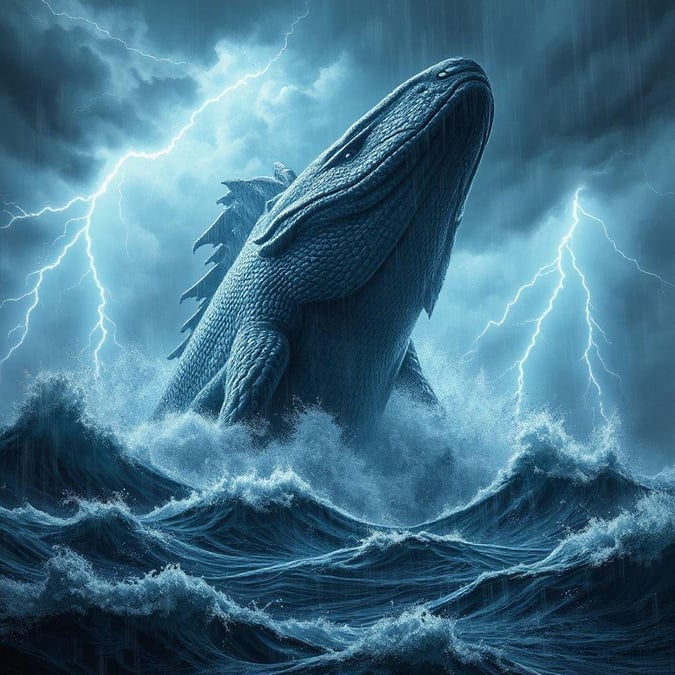 A powerful scene depicting the struggle of a mighty whale as it battles through the turbulent ocean waves. The skies above are dark and stormy, adding to the dramatic intensity of the image. This wallpaper is perfect for those who appreciate fantasy creatures in nature.