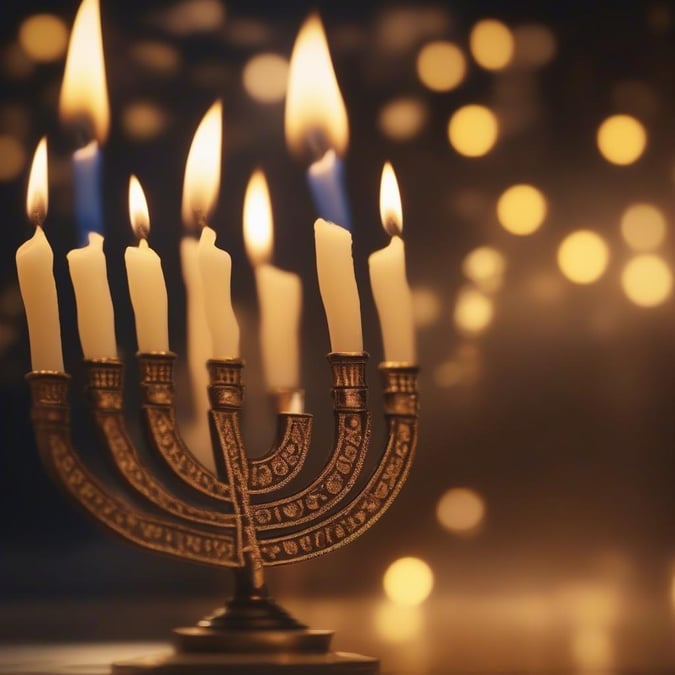 A warm and inviting view of lit Hanukkah candles, casting a soft glow in the background of a blurred scene.