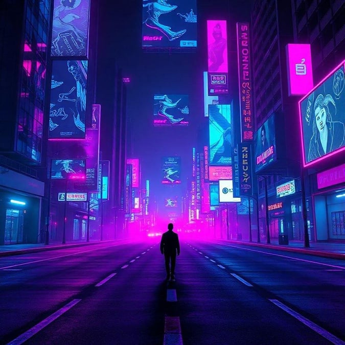 A neon-lit futuristic city at night, with a lone figure standing on the center street. The vibrant colors and digital advertisements evoke a cyberpunk atmosphere.