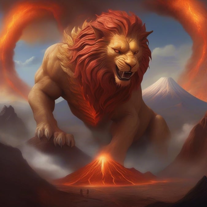 Experience the grandeur of this lion, standing tall atop an active volcano, embodying power and majesty. This wallpaper is a fantasy-themed masterpiece that will transport you to a realm where dragons soar and magic flows.