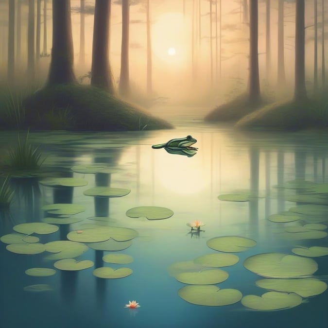 This beautiful wallpaper features a peaceful pond scene with lily pads and a frog, perfect for adding a touch of nature to your desktop or mobile device.