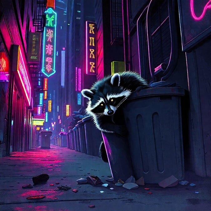 A raccoon finds adventure in city lights after dark.