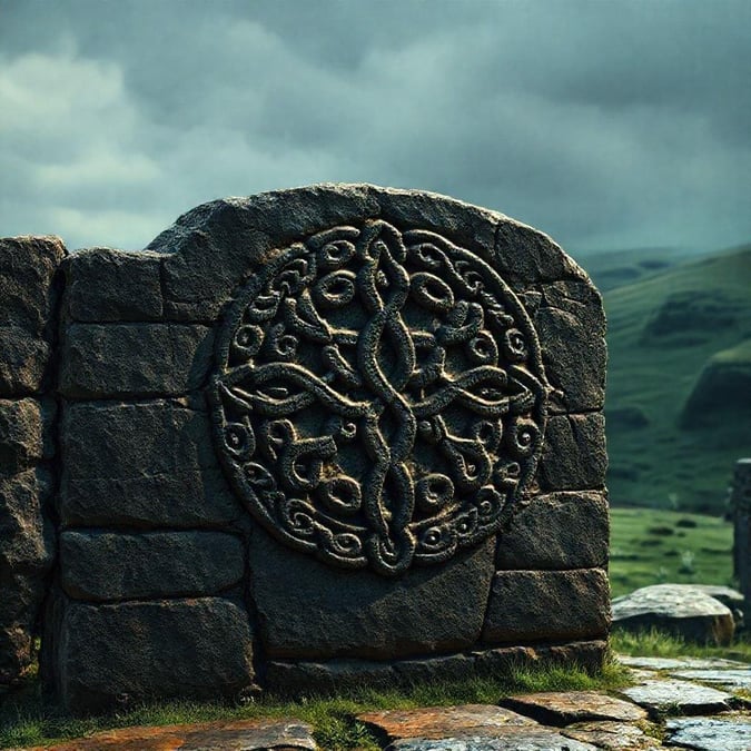 Feel the history in this scene from ancient times, where a standing cross with intricate knotwork designs stands tall against the backdrop of a misty landscape.