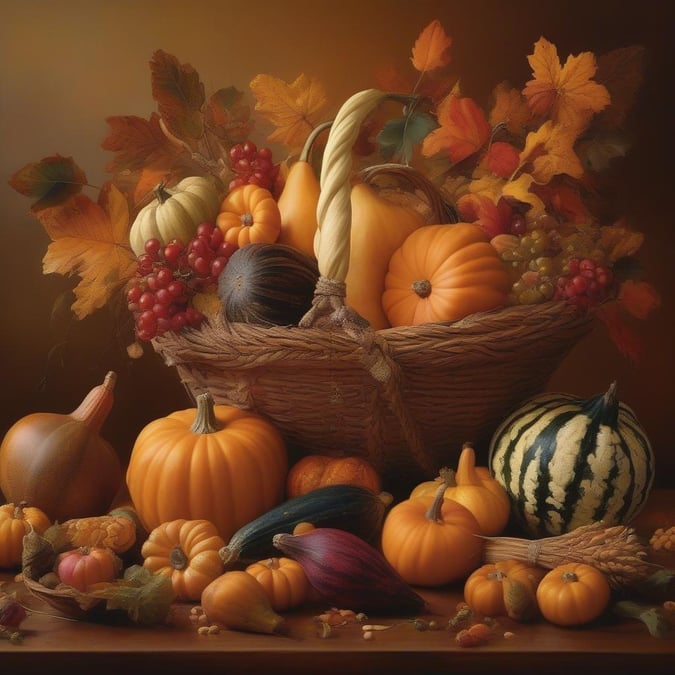 A vibrant celebration of the fall season, featuring an abundance of pumpkins, grapes, wheat sheaves and autumn leaves, all set against a warm golden background.