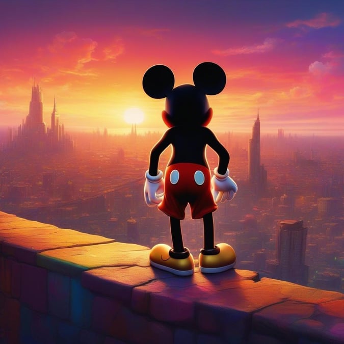 Mickey Mouse stands atop a towering skyscraper, surveying a bustling metropolis as the sun sets. The cityscape is alive with the lights of buildings reaching up towards the sky.