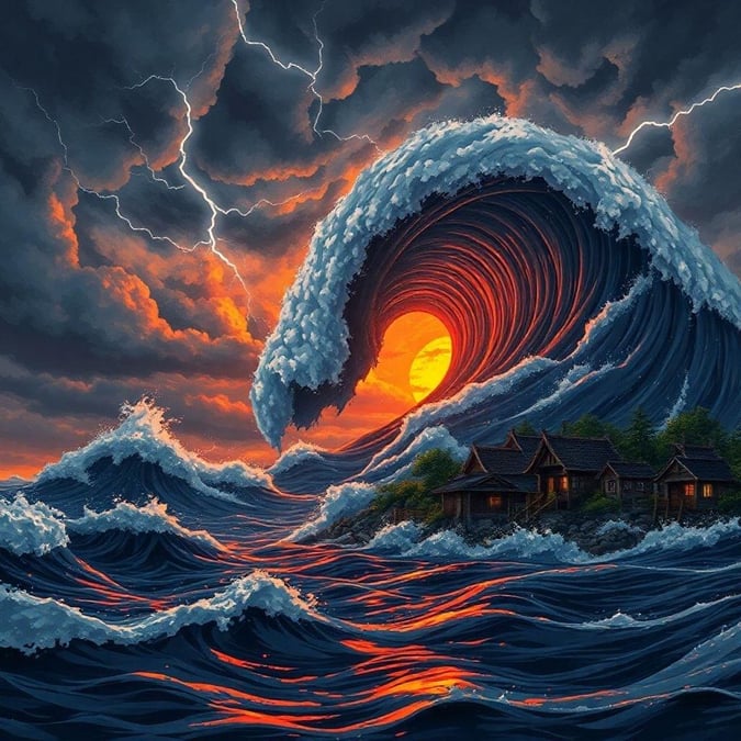 Experience the raw power of nature with this dramatic anime wallpaper, where a massive tsunami wave threatens to engulf a small fishing village, set against the dark, stormy seascape of a setting sun.