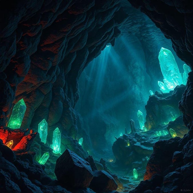 A fantastical underground cave filled with luminescent crystals, emitting a soft glow in the deep blue light.