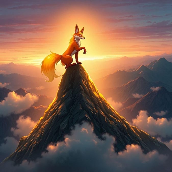 This stunning anime wallpaper features a majestic fox spirit perched atop a mountain peak, surrounded by breathtaking scenery and an otherworldly atmosphere.