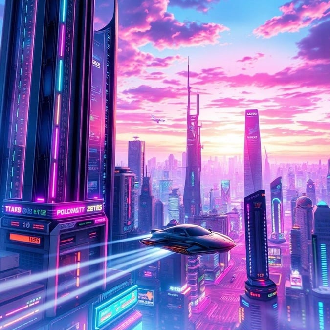 Tauchen Sie ein in die lebendige Welt des Anime mit diesem atemberaubenden futuristischen Stadtlandschafts-Wallpaper. Die neonbeleuchtete Skyline und die hohen Wolkenkratzer schaffen eine dynamische und futuristische Atmosphäre, die perfekt für Desktop- und Mobilgeräte geeignet ist.