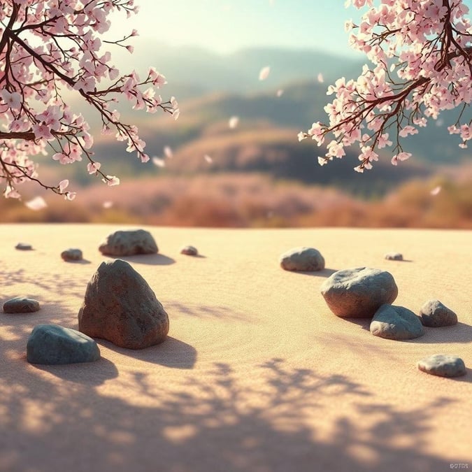 This serene anime-style wallpaper features a tranquil Zen garden, complete with raked sand and carefully placed stones, creating a peaceful and meditative atmosphere.