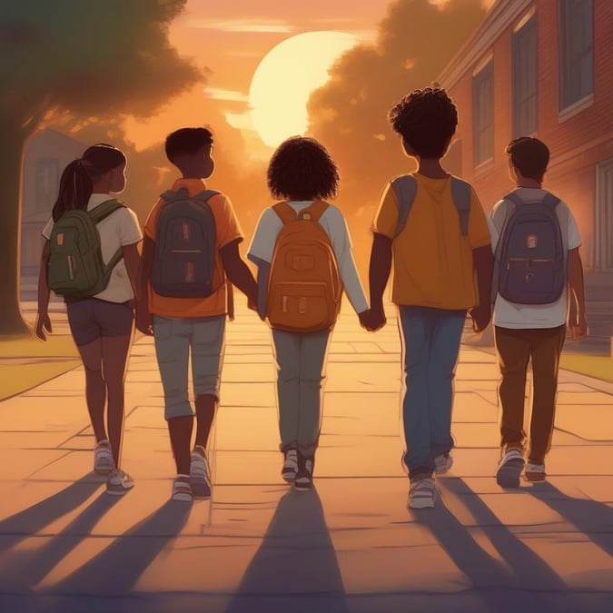 Get ready for a new academic year with this vibrant wallpaper featuring a group of kids walking towards the sun, symbolizing growth, learning, and friendship.