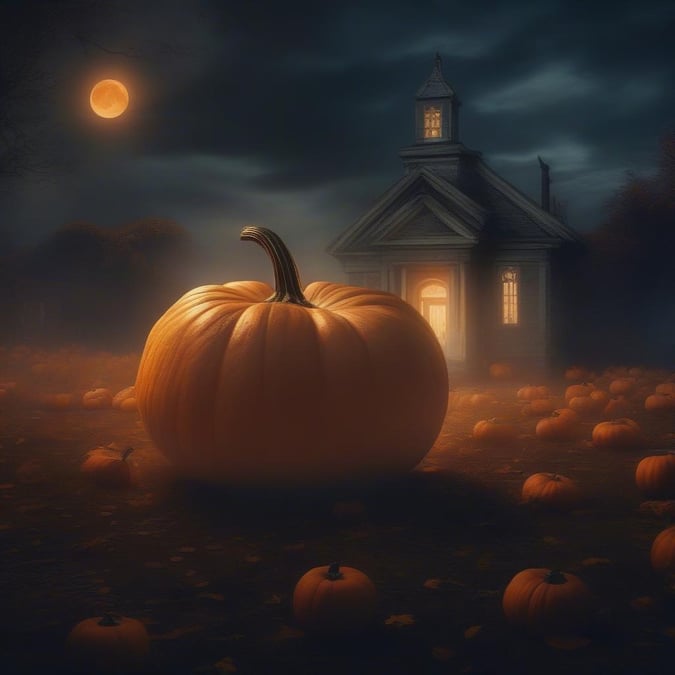 Welcome to the spooky Halloween festivities! This image captures the essence of a classic Halloween scene, with a large pumpkin at the forefront and a quaint house in the background. The night is eerily lit by a full moon, casting shadows that add to the mystique of the setting.