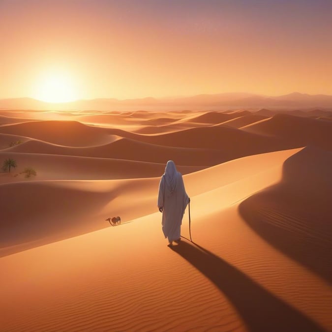 A serene and peaceful image of a desert sunset, perfect for Ramadan and Eid celebrations.