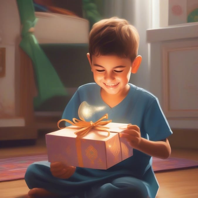 A serene and peaceful image of a boy holding a gift, perfect for the holy month of Ramadan.