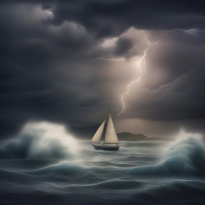 A lone sailboat braves the turbulent ocean waves during a dramatic storm. A sense of adventure amidst nature's fury.