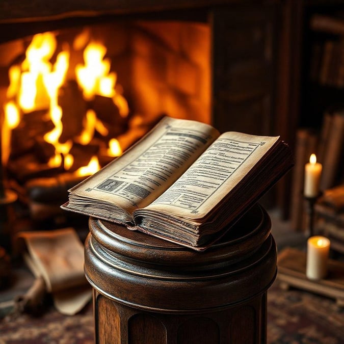 This vintage book by the fireplace is a cozy and inviting scene that evokes a sense of nostalgia and warmth.