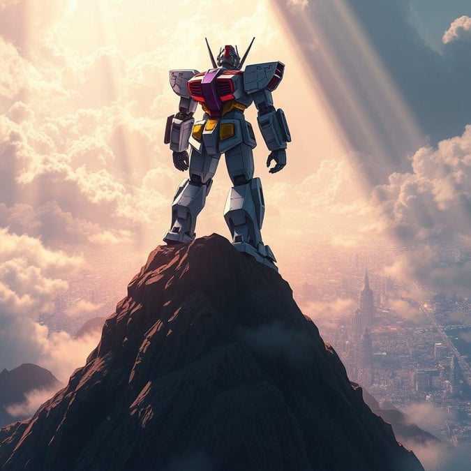 Heroic robot stands atop a mountainous city skyline, embodying the spirit of anime epics.