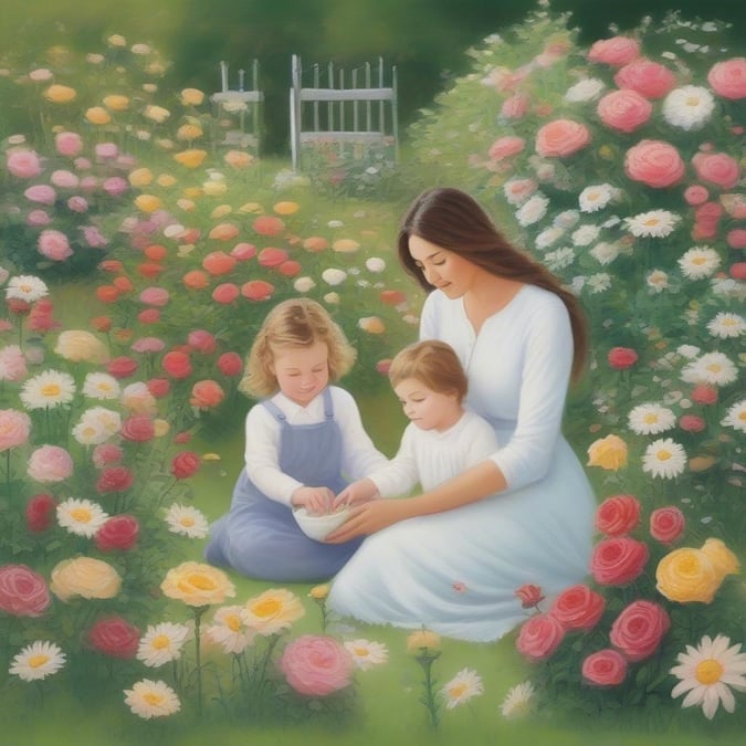 A serene scene featuring a mother and her two children, tending to the earth in a garden blooming with springtime flowers. The image captures the essence of a nurturing mother-daughter relationship set against a backdrop of nature's vibrant renewal.