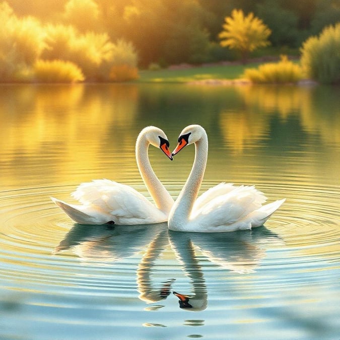 This stunning wallpaper captures the essence of love and romance, featuring a beautiful swan couple in a serene lake setting. The swans are depicted in a tender embrace, their feathers glistening in the soft light of the setting sun. The background is a picturesque landscape of trees and bushes, adding depth and texture to the image. This wallpaper is perfect for anyone looking to add a touch of elegance and romance to their desktop or mobile device.