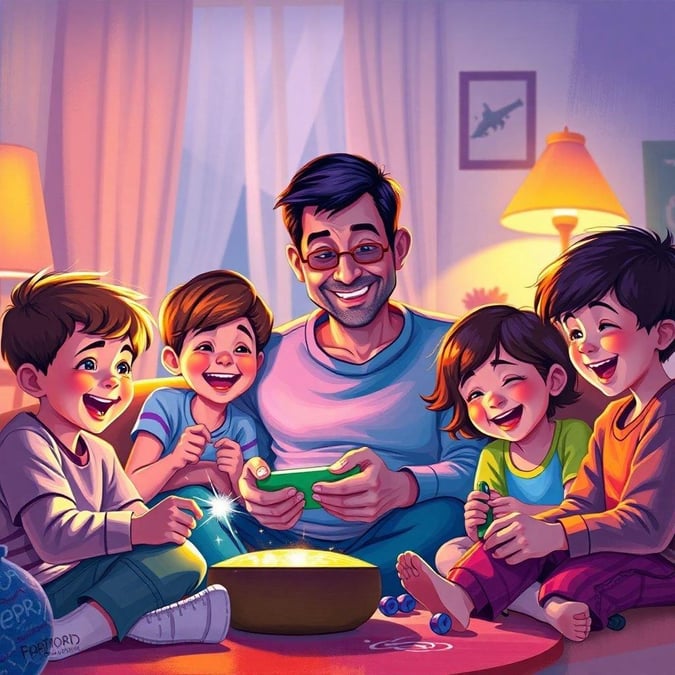 A heartwarming moment captured in this beautiful wallpaper, perfect for Father's Day. The image showcases a father and his children enjoying quality time together, surrounded by love and joy.