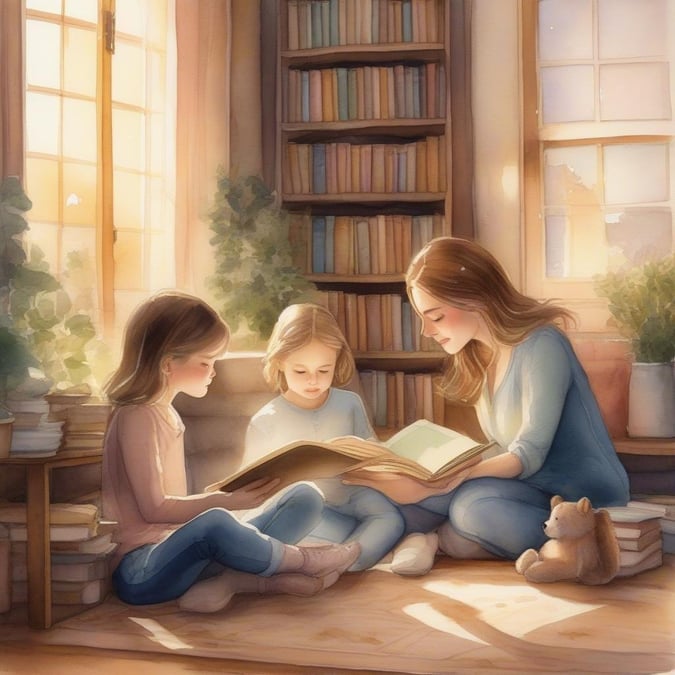 A heartwarming scene of mother and daughters snuggled up with a book on a beautiful day.