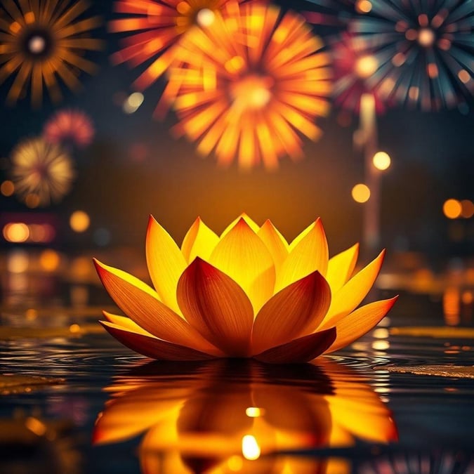 Celebrate the festival of lights with this mesmerizing Diwali wallpaper featuring a vibrant lotus flower floating on water, surrounded by bright fireworks in the background.