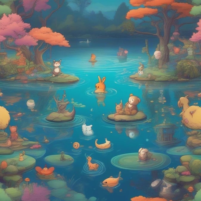 Adorable cartoon creatures enjoy a peaceful day by the pond, with colorful flowers adding to the whimsical atmosphere.