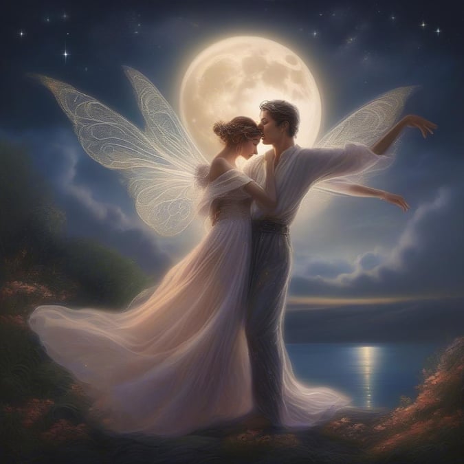 A romantic fantasy scene of two fairies dancing under the moonlight by a tranquil lake, celebrating their love.