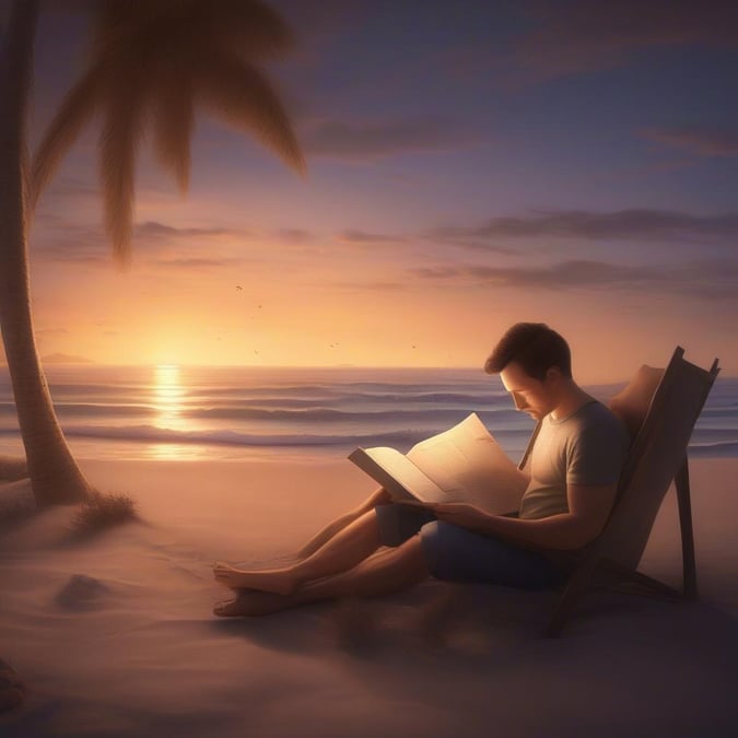 A relaxing beach scene at sunset with a dad enjoying a good read, perfect for Father's Day.