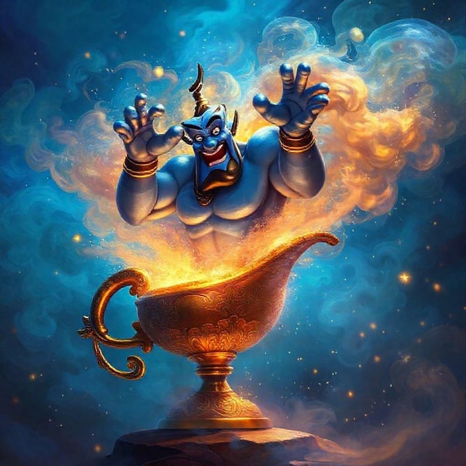 Experience the magic of Disney's Aladdin with this stunning wallpaper featuring the beloved Genie and his iconic lamp.