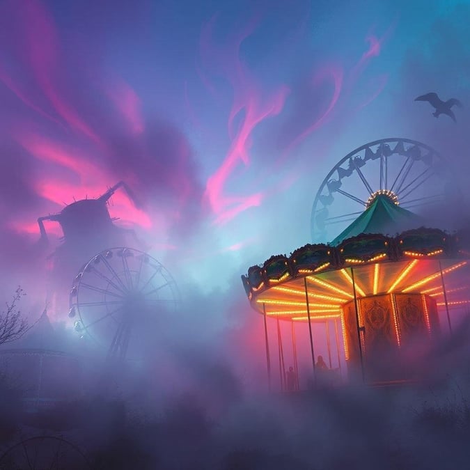 A mesmerizing carousel ride set against a night sky with swirling pink and purple clouds, illuminated by its own lights. The carousel is surrounded by an eerie fog, adding to the dreamlike atmosphere.