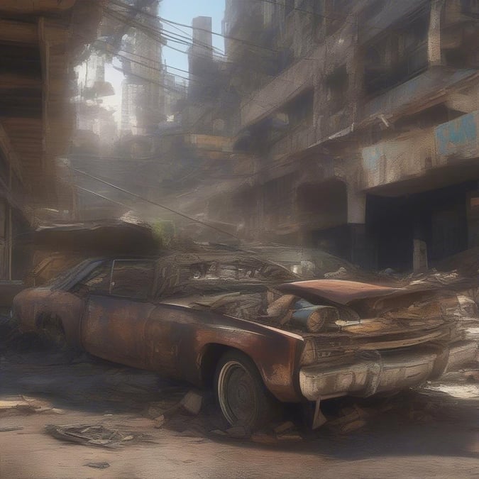 This scene captures the aftermath of destruction in a gaming setting, with a dilapidated car lying on its side amidst the rubble. It's as if you've just finished a battle and are surveying the remnants.