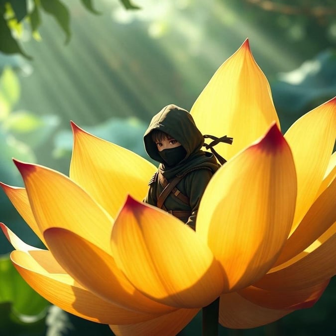 Step into the serene world of anime with this captivating wallpaper, where a young ninja is cleverly concealed among the petals of a giant lotus flower. The vibrant yellow petals take center stage, while the blurred background of green and brown hues adds depth to the scene, creating an immersive anime-like experience.