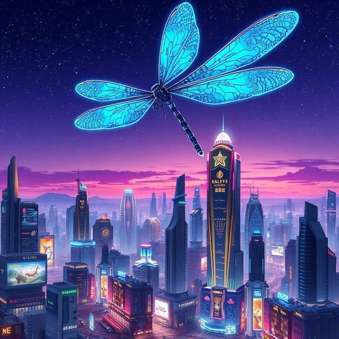 A stunning digital illustration of a futuristic city at dusk, featuring a large dragonfly and vibrant, neon-lit architecture.