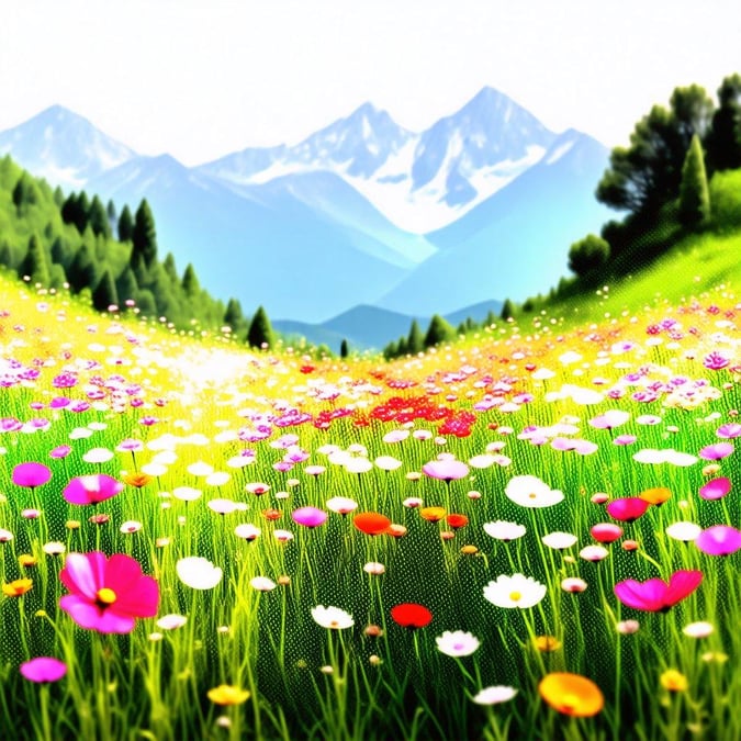 A vibrant meadow blooming with wildflowers, bordered by lush trees, under a serene mountain backdrop.