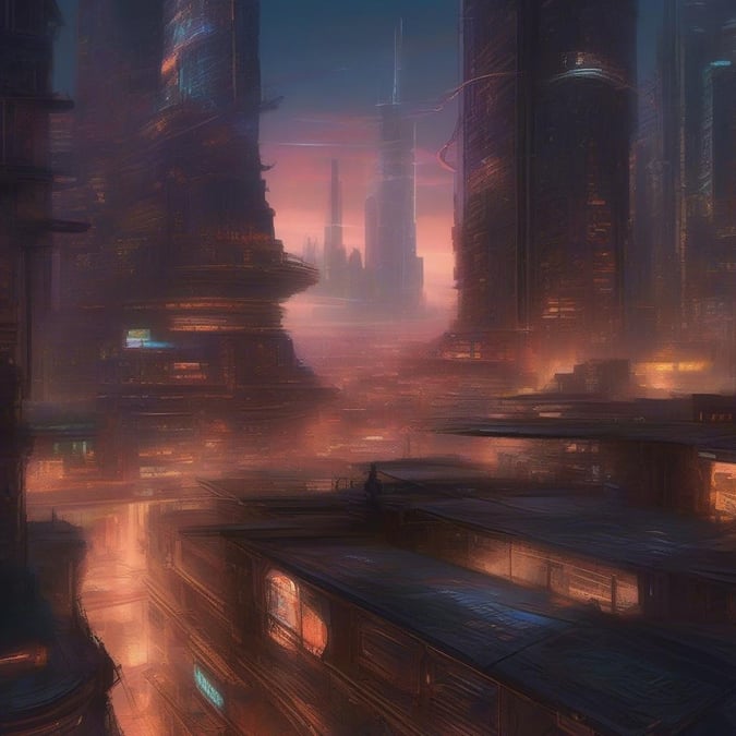 A stunning futuristic cityscape with a large, glowing skyscraper and a body of water in the background.